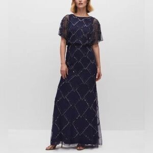 NWT Adrianna Papell Beaded Sequin Navy Blouson Maxi Flutter Sleeve Evening Dress